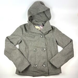VTG Y2K Double Breasted Wool Pea Coat Womens Sz S Gray Hood Lined Forever Audrey